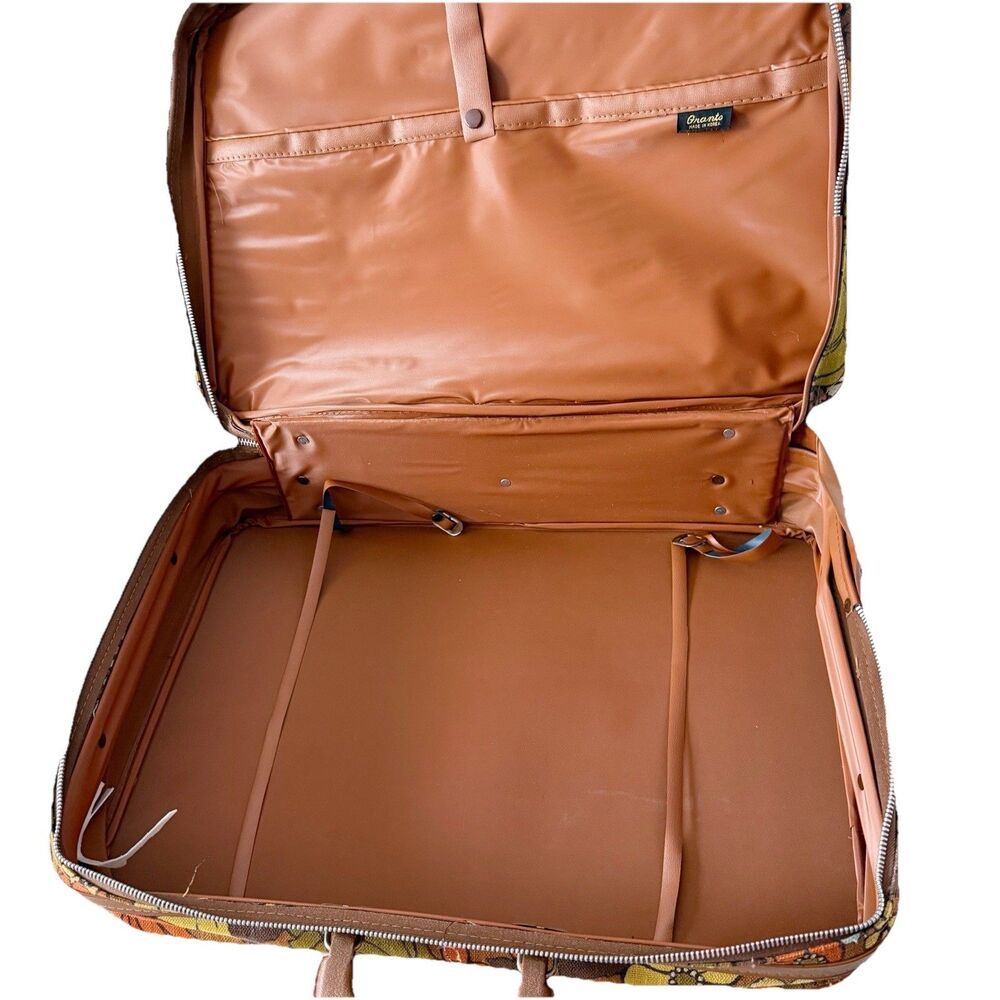 Vtg Brown Floral Print Medium Size Travel Bag From 1960-1970s Mod Flower Power - Picture 6 of 16